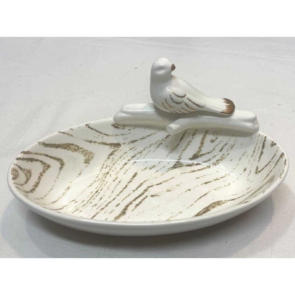 Bird Trinket Dish Grasslands Road Gold White